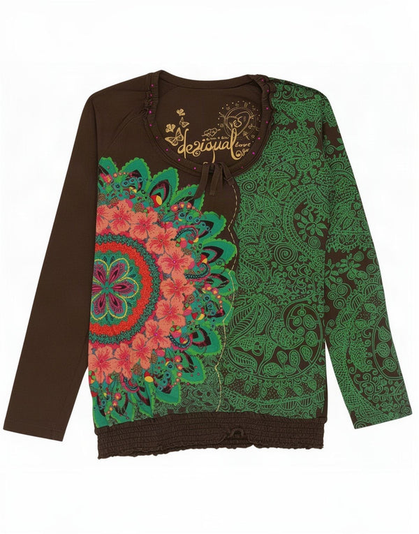 Женский топ Desigual с длинным рукавом и рисунком, Великобритания, 14 цветов, большой зеленый цветочный хлопок