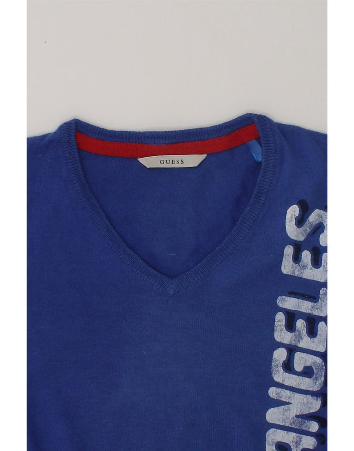 GUESS Boys Graphic V-Neck Jumper Sweater 5-6 Years Blue Cotton | Vintage Guess | Thrift | Second-Hand Guess | Used Clothing | Messina Hembry 
