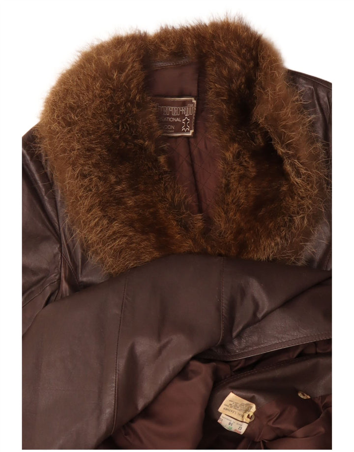 ВИНТАЖНОЕ Женское Кожаное Пальто UK 12 Средне-Коричневый Кожаный