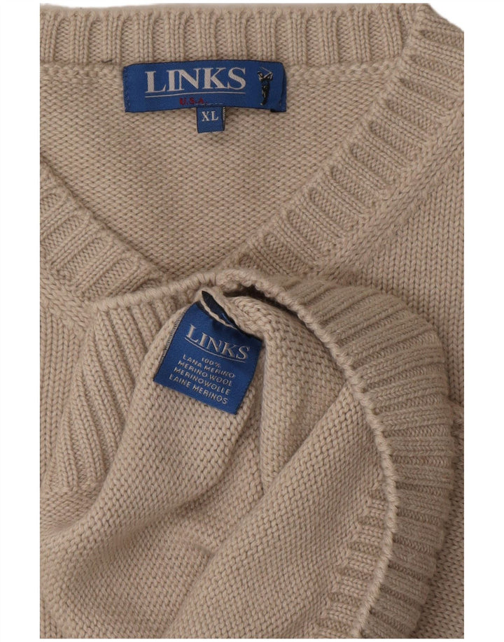 Винтажный мужской джемпер с v-образным вырезом XL, серый из мериносовой шерсти