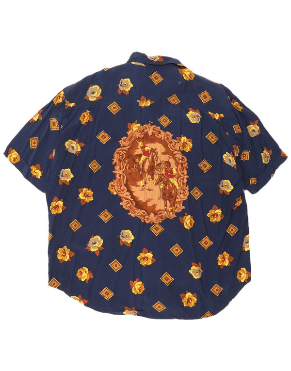 Мужская рубашка Baroni с коротким рукавом 2XL Темно-синяя вискоза с цветочным принтом