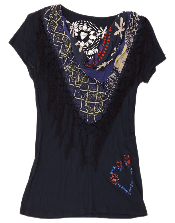 Женская футболка с рисунком Desigual Top UK 10, маленькая, темно-синяя с цветочным принтом