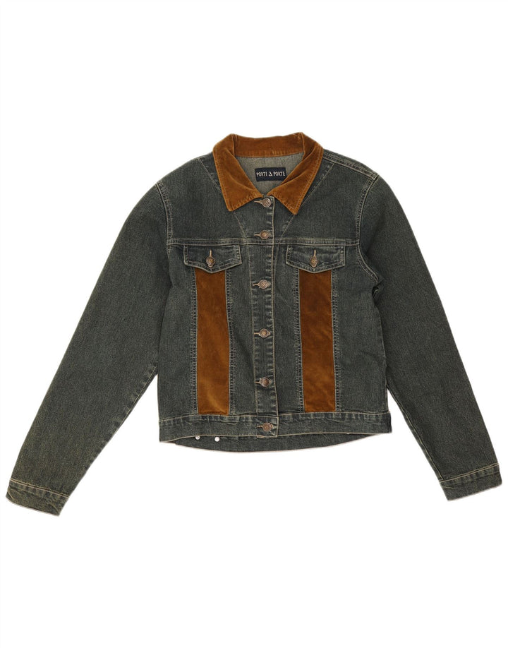 Винтажная женская джинсовая куртка UK 12, хлопок среднего синего цвета с цветными блоками