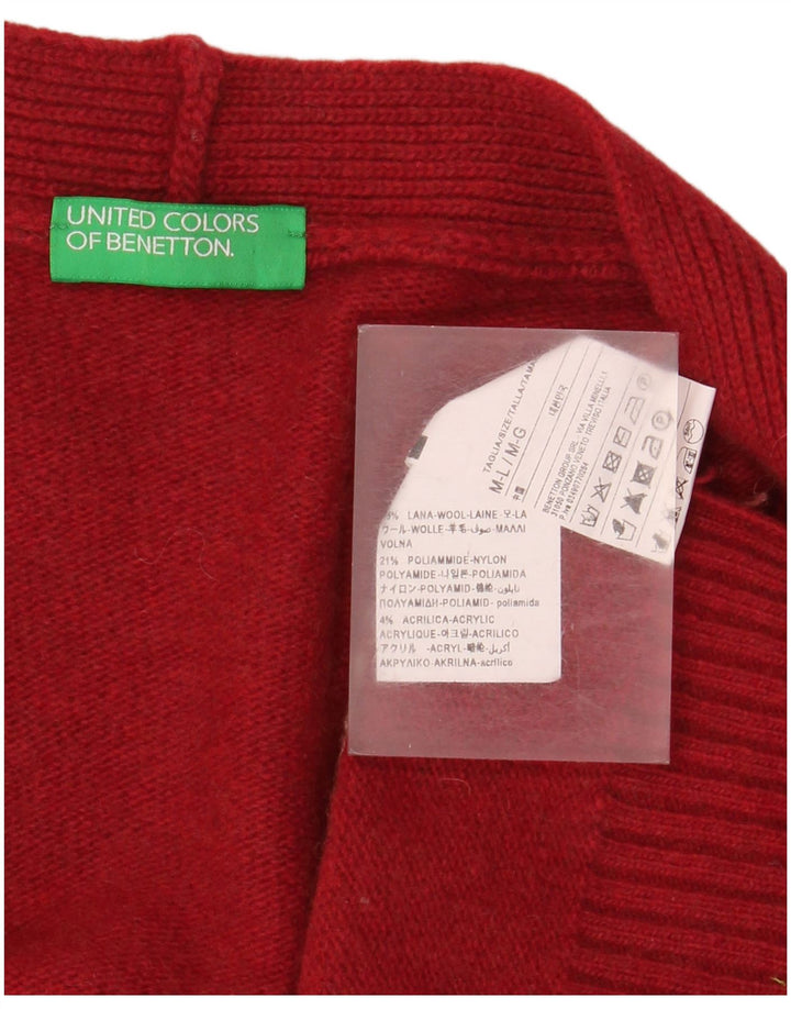 Женский свитер-кардиган оверсайз Benetton UK 14, шерсть в красную полоску среднего размера