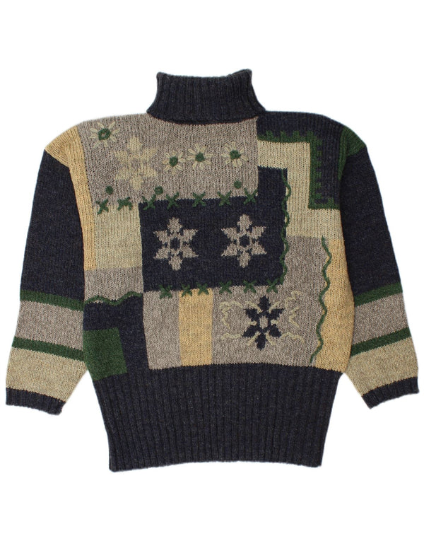 Винтажный женский джемпер с высоким воротником, свитер EU 44 XL, темно-синий с цветными блоками