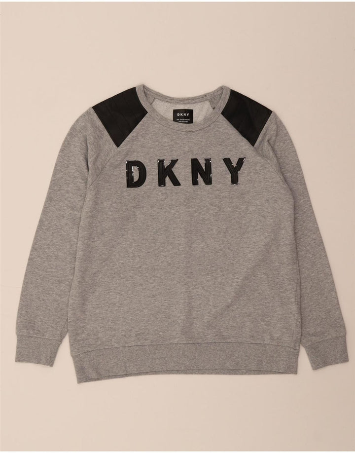 DKNY Womens Graphic Sweatshirt Jumper UK 12 Medium Grey Colourblock Cotton Vintage Dkny and Second-Hand Dkny from Messina Hembry 