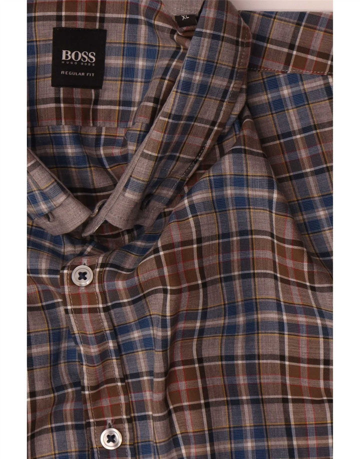 Мужская рубашка стандартного кроя Hugo Boss XL, коричневая клетка в клетку, хлопок