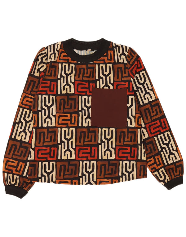 ВИНТАЖНЫЙ женский топ с длинным рукавом UK 12, средний коричневый цвет с геометрическим узором