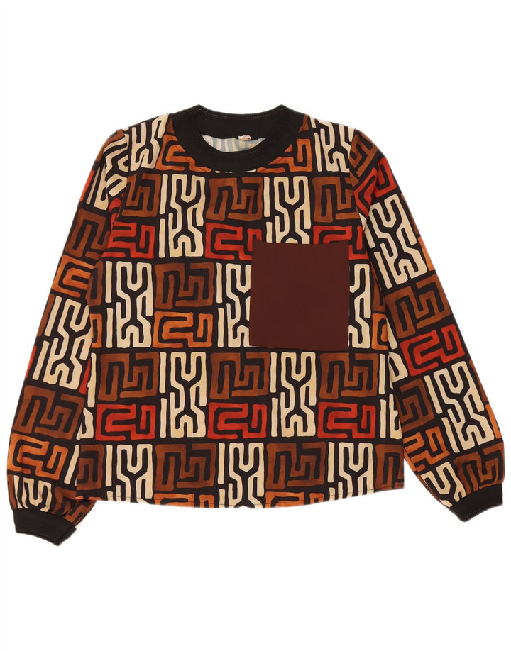 ВИНТАЖНЫЙ женский топ с длинным рукавом UK 12, средний коричневый цвет с геометрическим узором