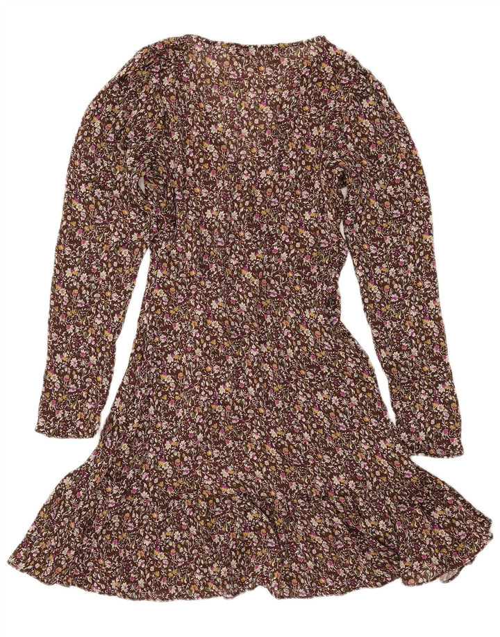 Женское платье с запахом и длинными рукавами ZARA UK 6 XS Коричневое с цветочным принтом