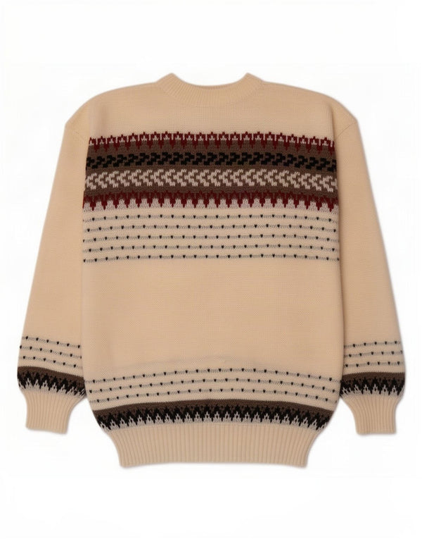 Vintage Mens Crew Neck Jumper Sweater Medium Beige Striped