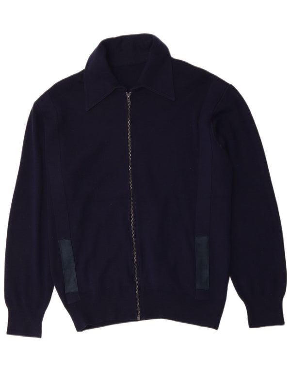 Винтажный мужской кардиган-свитер среднего размера, темно-синий, шерстяной