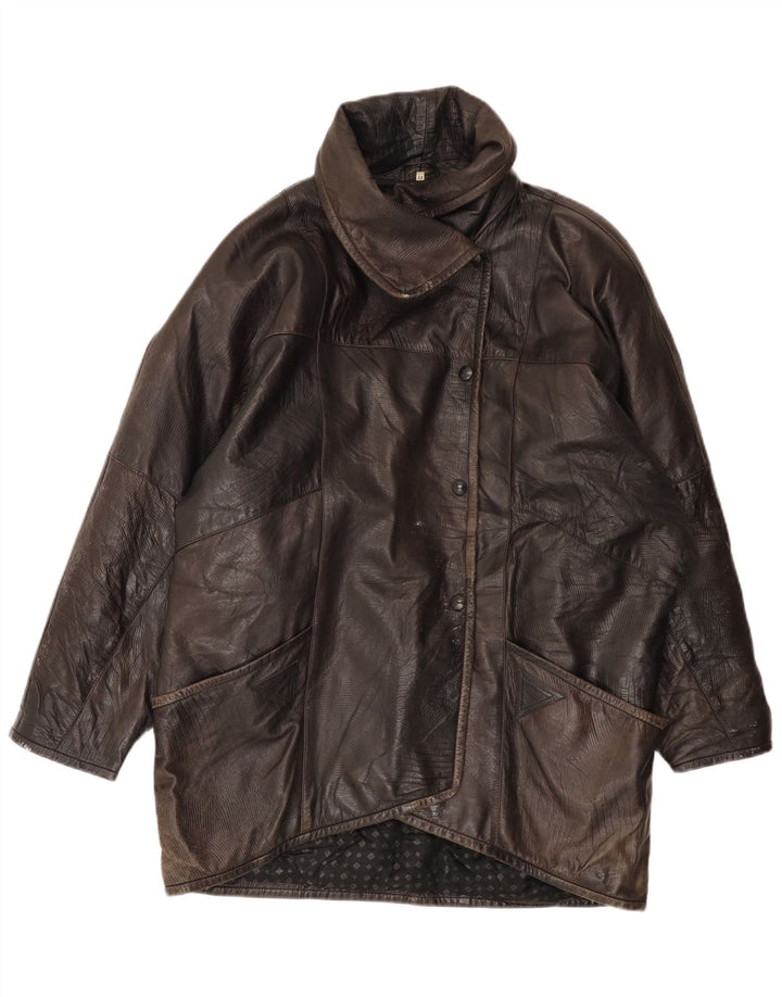 Винтажная женская кожаная куртка оверсайз EU 44 XL коричневая кожа