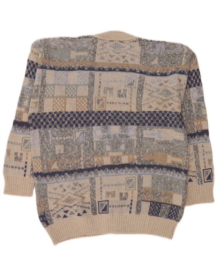Винтажный мужской свитер-кардиган среднего размера, разноцветный, с геометрическим узором