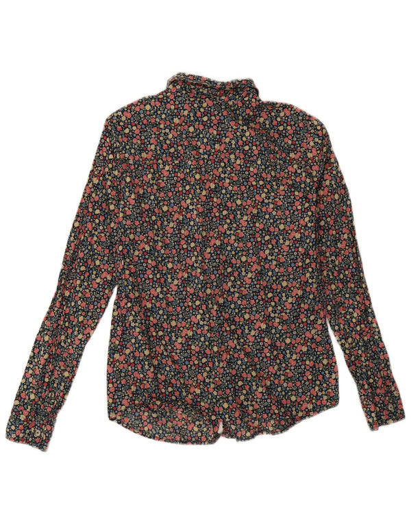 Benetton Womens Oversized Shirt UK 6 XS Navy Blue Floral Cotton