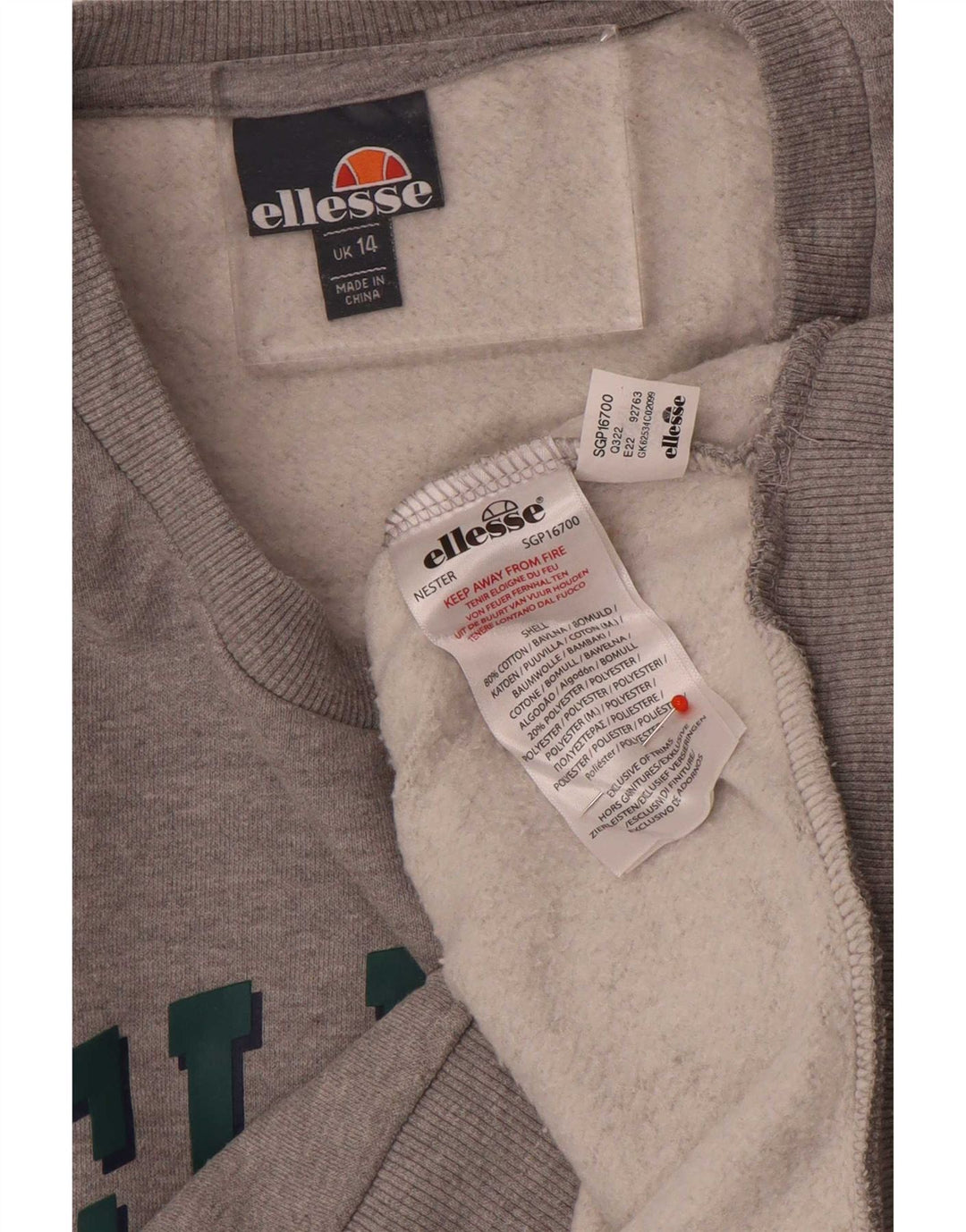 Женский укороченный свитшот Ellesse большого размера с рисунком, Великобритания 14, большой серый цвет