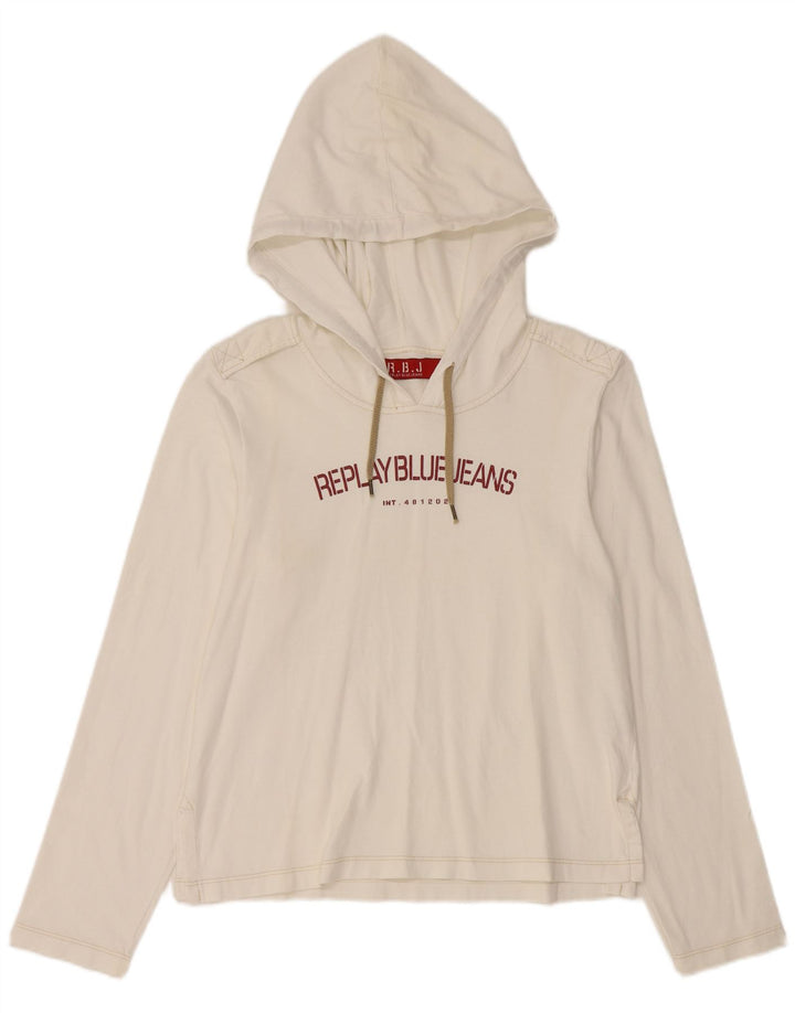 Женский топ REPLAY с капюшоном и графическим рисунком, длинный рукав, Великобритания, 14, большой белый хлопок