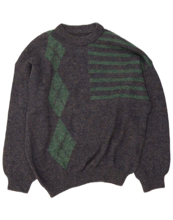 Винтажный мужской джемпер с круглым вырезом XL, темно-синий с узором аргайл/бриллиант