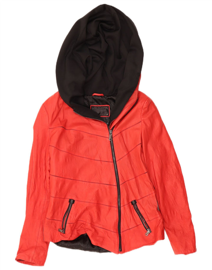 IBIZA Женская кожаная куртка с капюшоном UK 20 2XL Красная кожа с цветными блоками