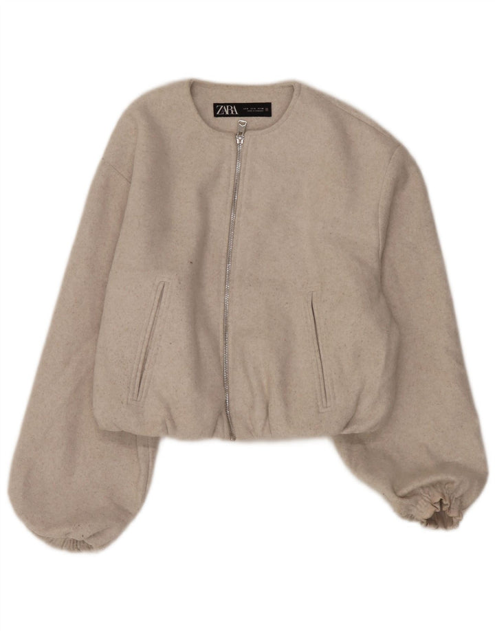Женская укороченная куртка-бомбер оверсайз Zara UK 10, маленький размер, бежевый полиэстер