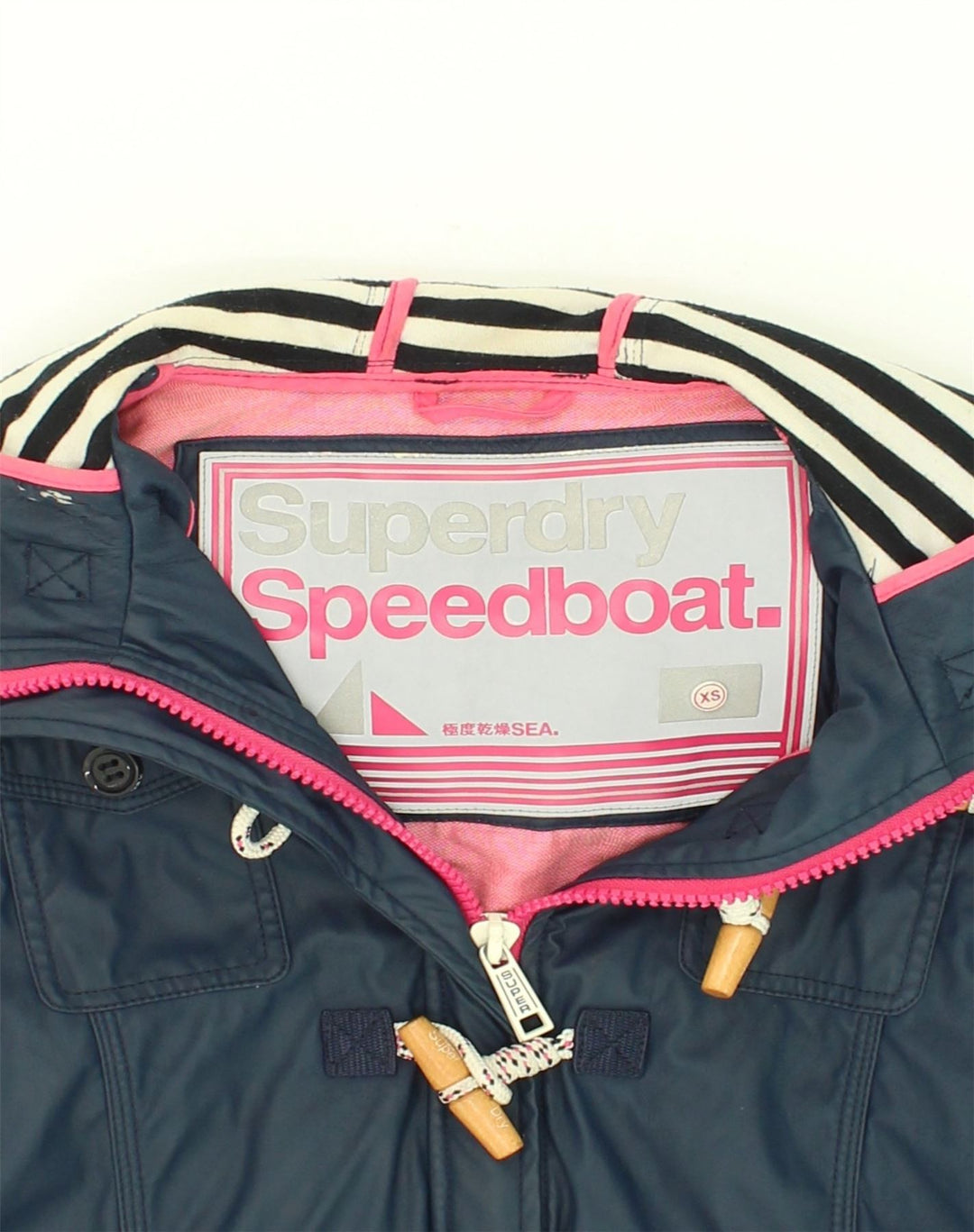 SUPERDRY Womens Hooded Duffle Jacket UK 6 XS Navy Blue Polyester | Vintage Superdry | Thrift | Second-Hand Superdry | Used Clothing | Messina Hembry 