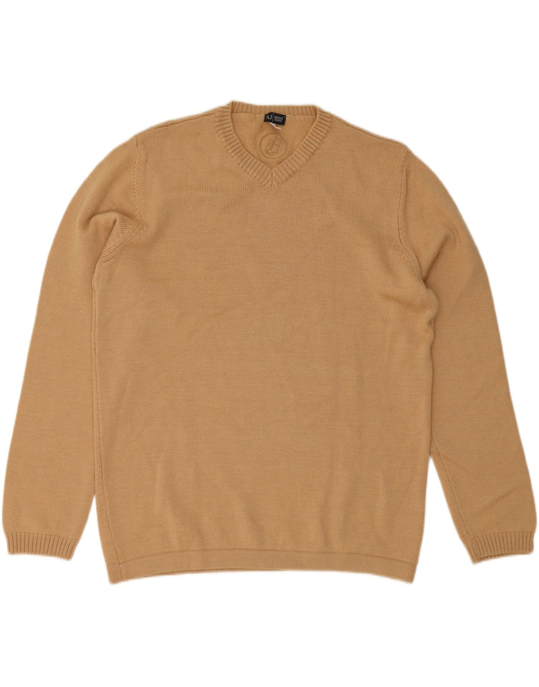ARMANI JEANS Mens V-Neck Jumper Sweater 2XL Beige Wool Vintage Armani Jeans and Second-Hand Armani Jeans from Messina Hembry 