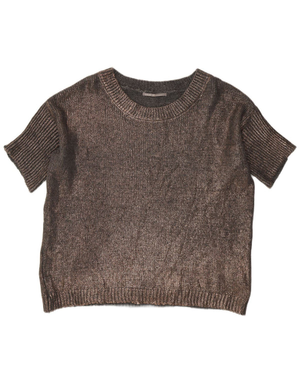 Gaudi Womens Short Sleeve Crew Neck Jumper Sweater UK 14 Large Grey