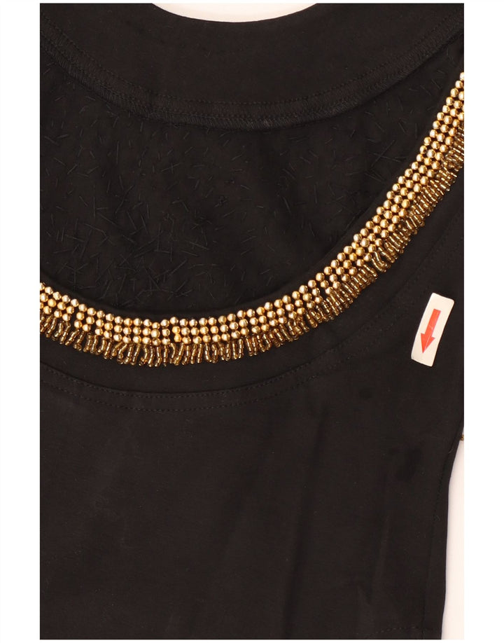 Винтажное женское боди с длинными рукавами UK 12, средний черный хлопок, черный цвет