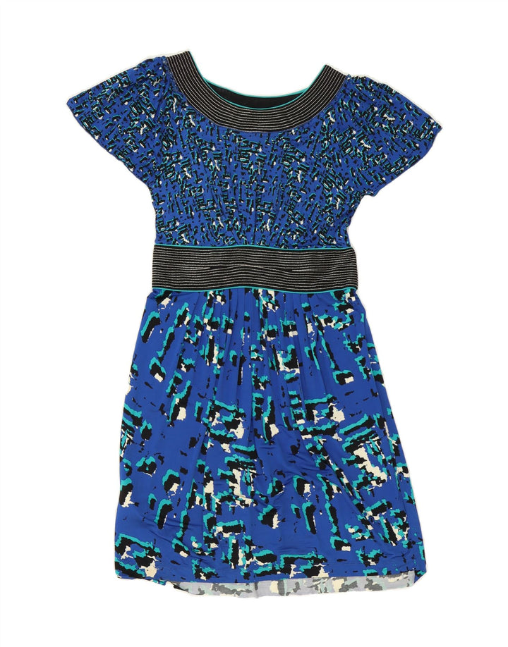BCBGMAXAZRIA Womens Abstract Pattern A-Line Dress UK 12 Medium Blue Rayon Vintage BCBGMAXAZRIA and Second-Hand BCBGMAXAZRIA from Messina Hembry 