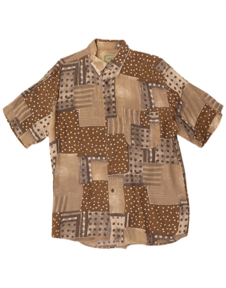 Винтажная мужская рубашка с коротким рукавом среднего коричневого цвета в стиле пэчворк