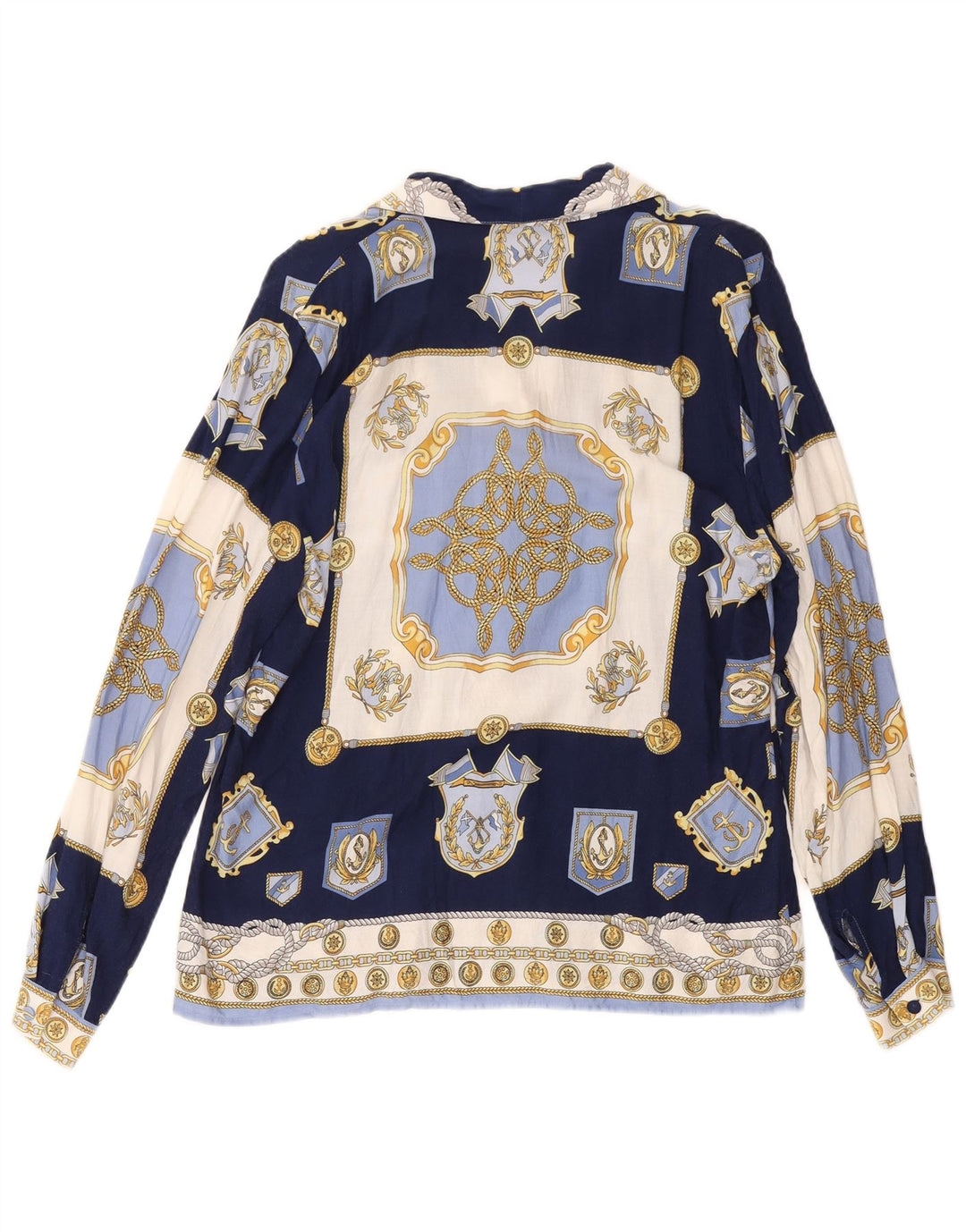 ВИНТАЖНАЯ Женская блузка-рубашка с абстрактным узором, Великобритания 14, средний темно-синий цвет