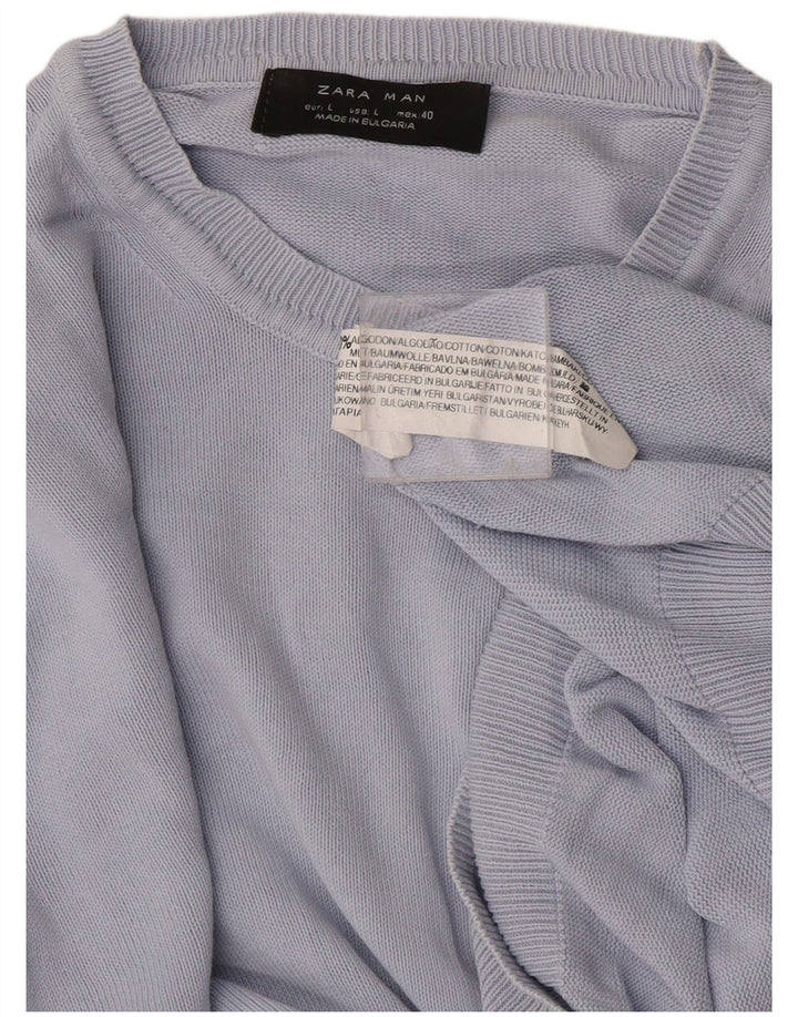 Мужской джемпер с круглым вырезом Zara, большой синий хлопковый свитер