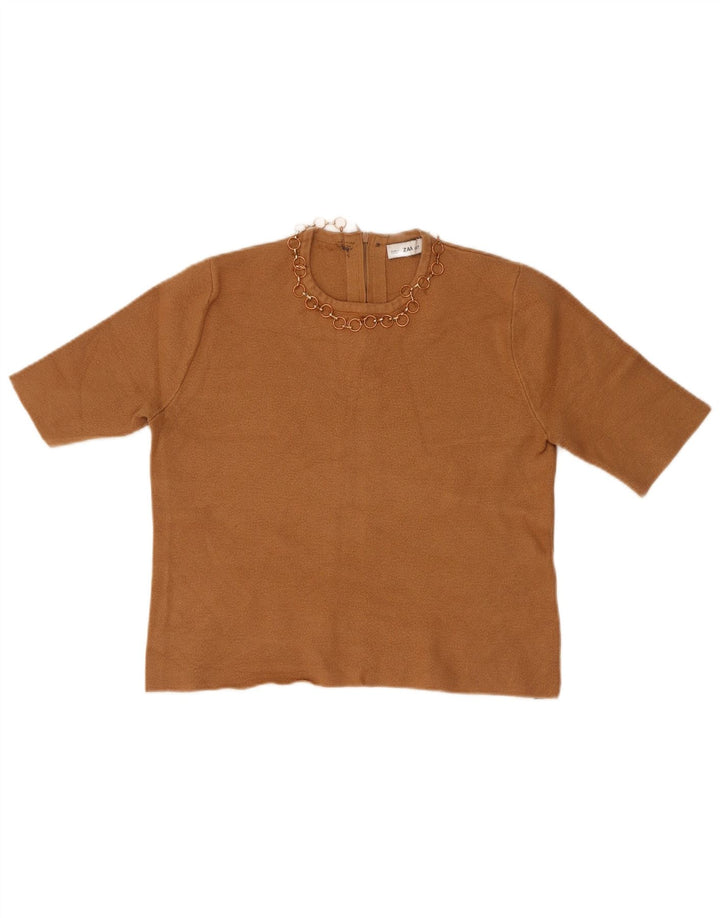 Женский укороченный топ с короткими рукавами Zara UK 12, средний коричневый цвет