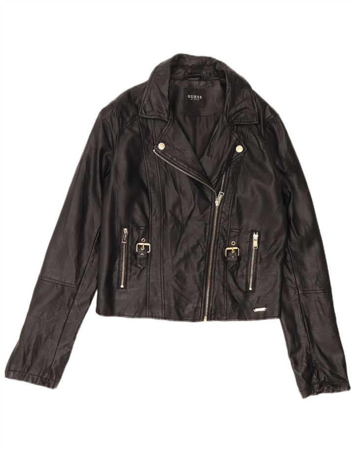 Guess Женская укороченная байкерская куртка из искусственной кожи UK 12, средний черный полиуретан