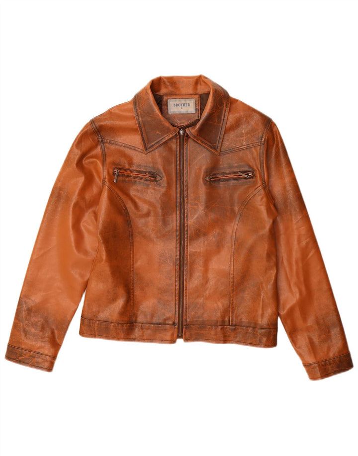 Женская кожаная куртка VINTAGE UK 14, большая коричневая