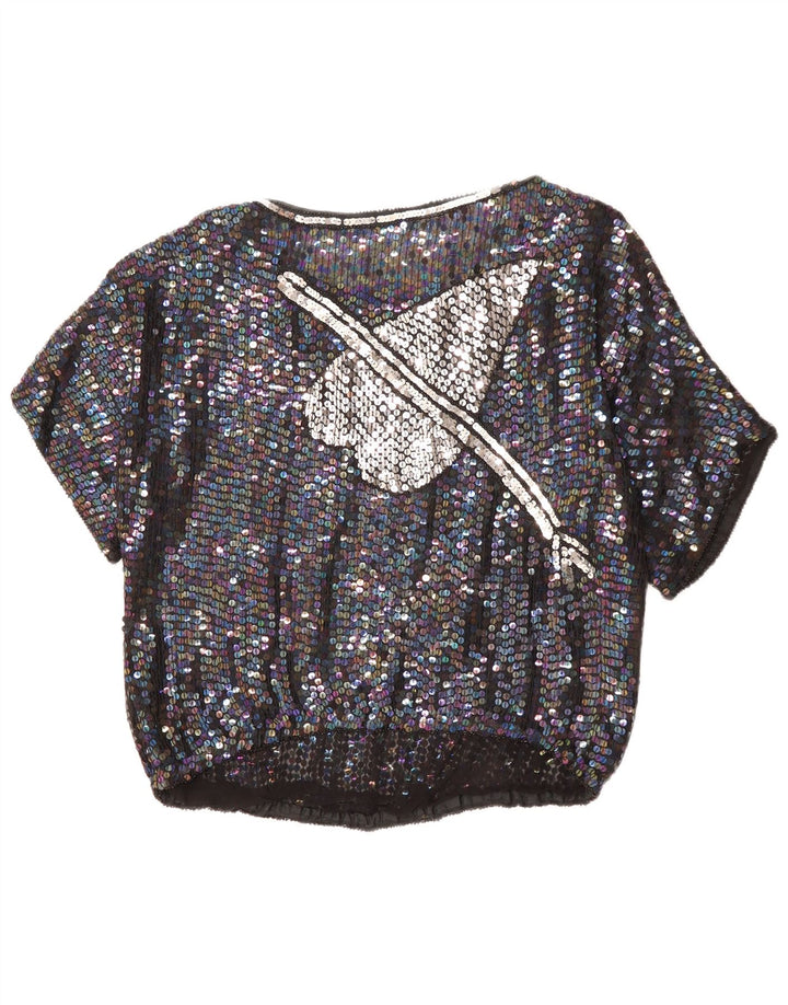 ВИНТАЖНАЯ женская блузка с графическим рисунком UK 14, большое черное сердце в крапинку