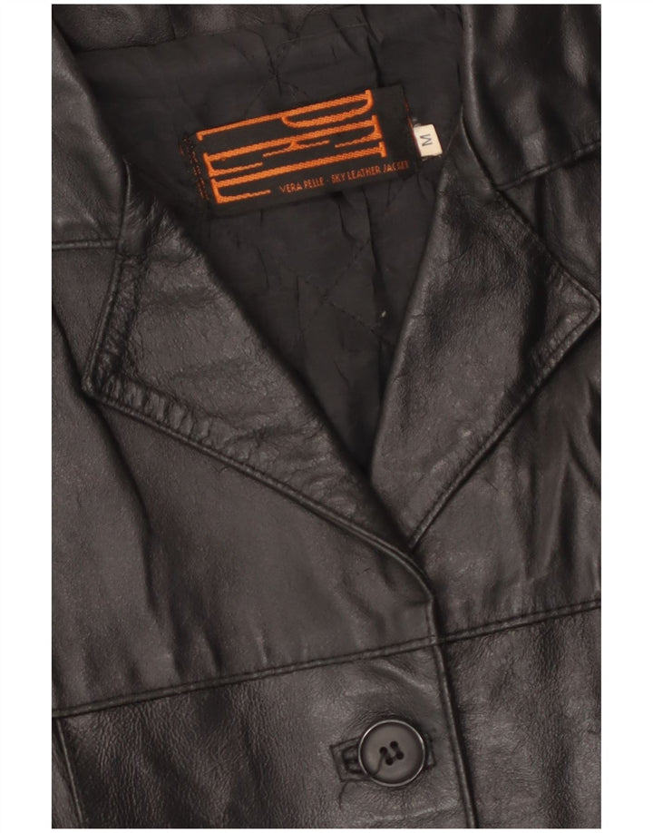 Винтажная женская кожаная куртка UK 14, черная кожа среднего размера