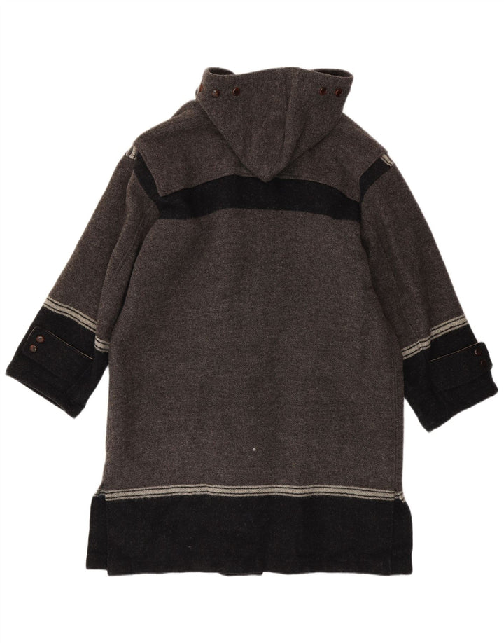 Винтажный мужской дафлкот с капюшоном IT 42 XL Серый из натуральной шерсти с цветными блоками