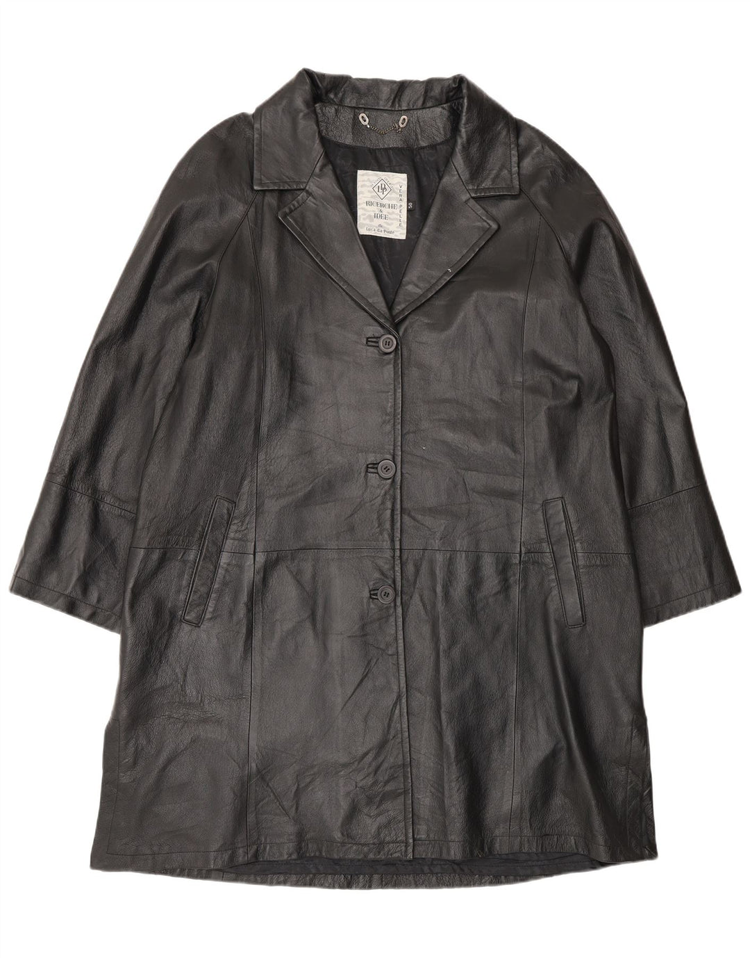 Винтажное женское кожаное пальто оверсайз IT 50 XL, черное кожаное