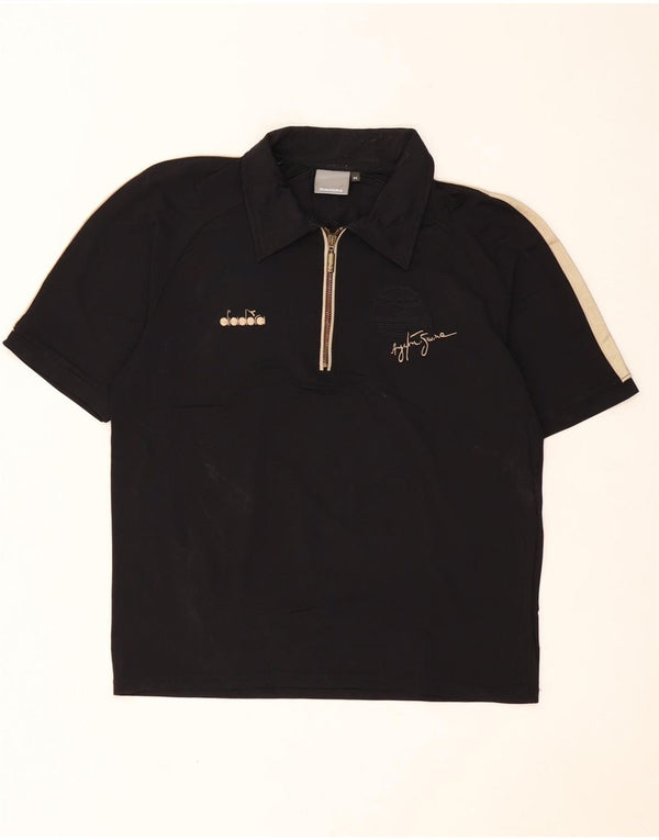 DIADORA Mens Graphic Polo Shirt Medium Black Colourblock Polyamide