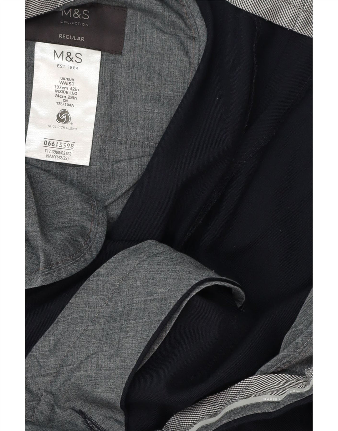 MARKS & SPENCER Мужские костюмные брюки стандартного кроя W42 L29 Темно-синие шерстяные