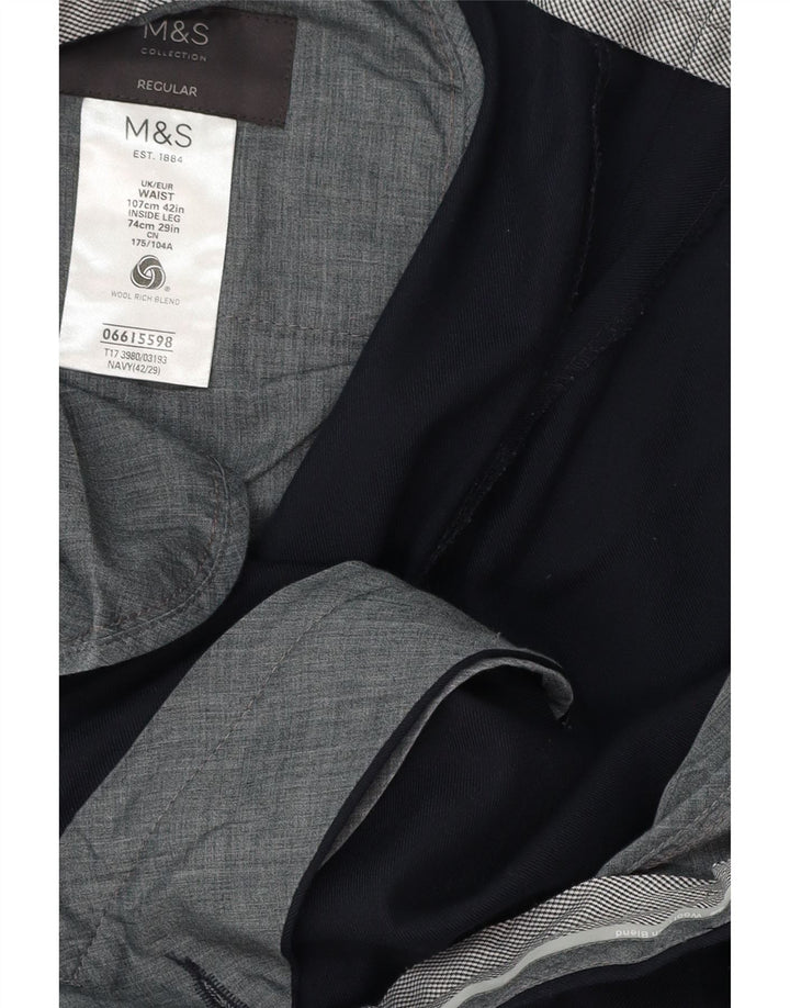 MARKS & SPENCER Мужские костюмные брюки стандартного кроя W42 L29 Темно-синие шерстяные
