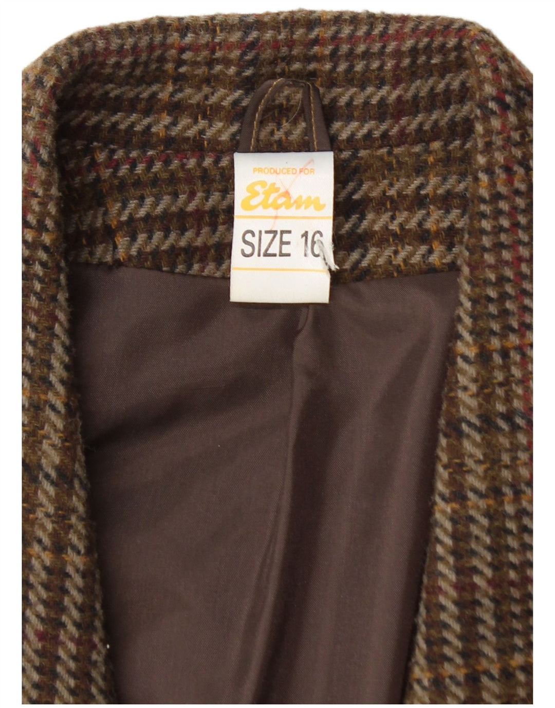 Женский двубортный пиджак ETAM, США 16, 2XL, коричневый акрил в клетку