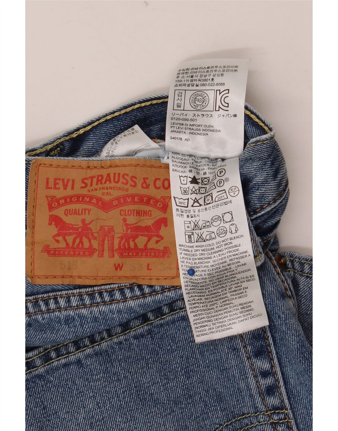 Мужские прямые джинсы LEVI'S 513 W33 L34 синие, хлопок