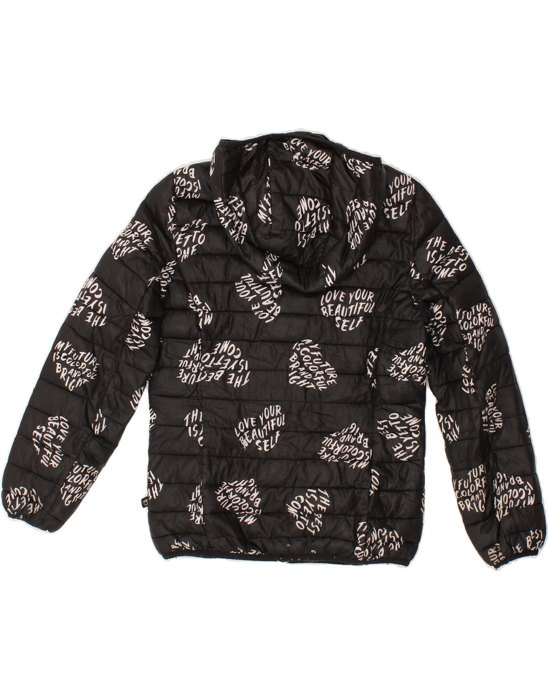 BENETTON Boys Graphic Hooded Padded Jacket 10-11 Years XL Black Polyester Vintage Benetton and Second-Hand Benetton from Messina Hembry 