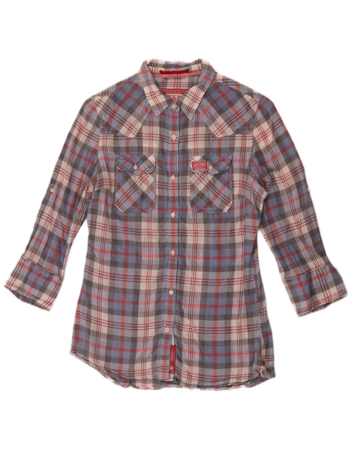 Женская рубашка Superdry с рукавом 3/4 UK 14, хлопковая синяя клетка среднего размера