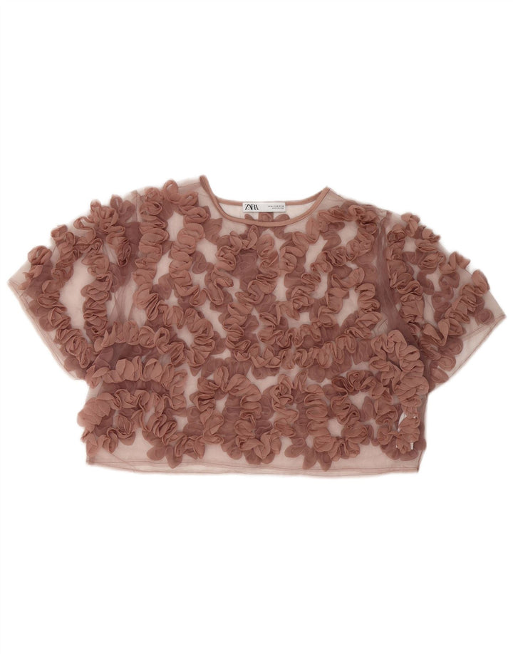 ZARA Womens Crop See Through Top UK 14 Medium Pink Floral Nylon