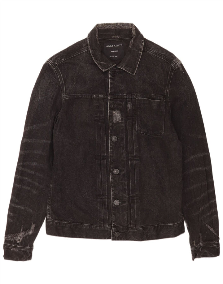 All Saints Mens Distressed Denim Jacket UK 38 Medium Black Cotton