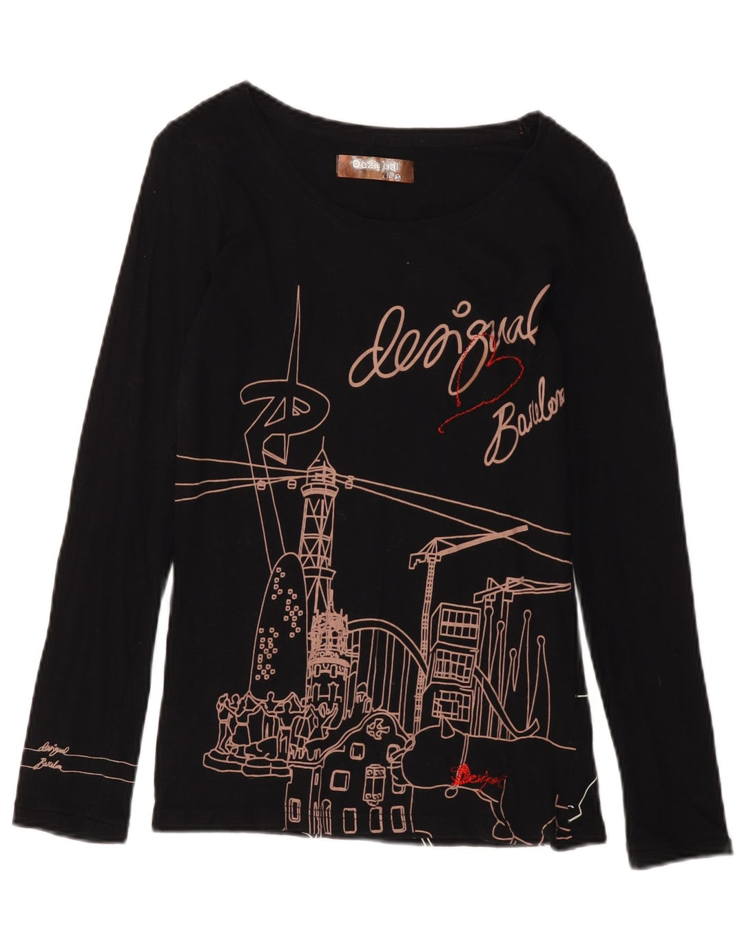 Женский топ Desigual Barcelona с графическим рисунком, длинный рукав, Великобритания, 12, средний черный, хлопок