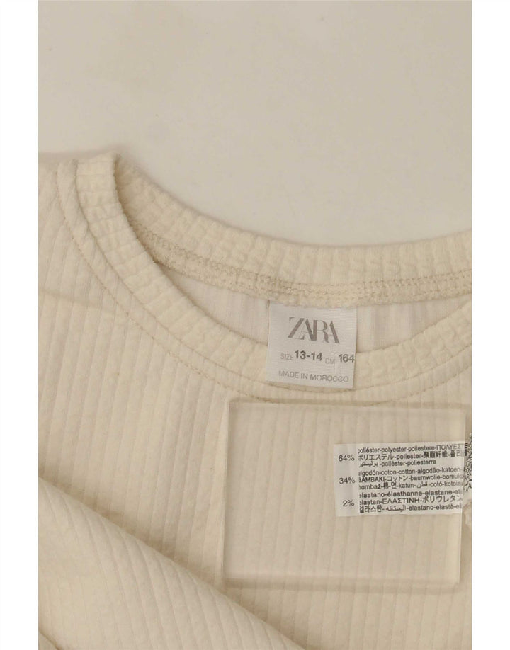 Укороченный топ с рисунком Zara для девочек, 13–14 лет, белый полиэстер, с длинными рукавами